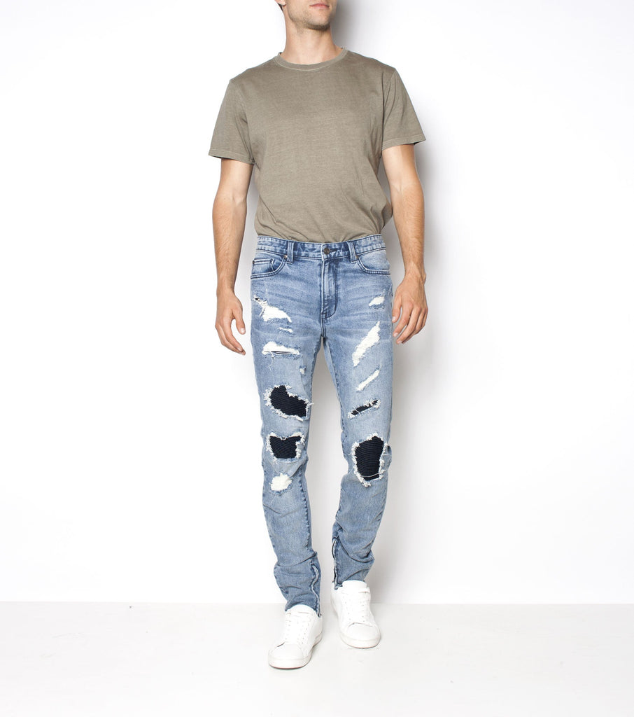Premium Pipes Skinny - Combat Blue - Ziggy Denim denim jean with black ribbed fabric behind trashing trashed jeans skinny jean ziggy denim 