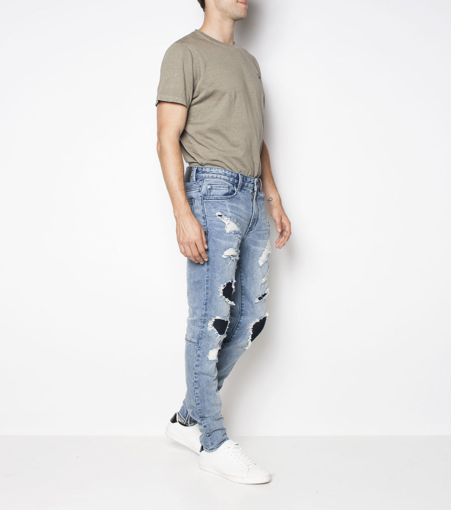 Premium Pipes Skinny - Combat Blue - Ziggy Denim denim jean with black ribbed fabric behind trashing trashed jeans skinny jean ziggy denim 