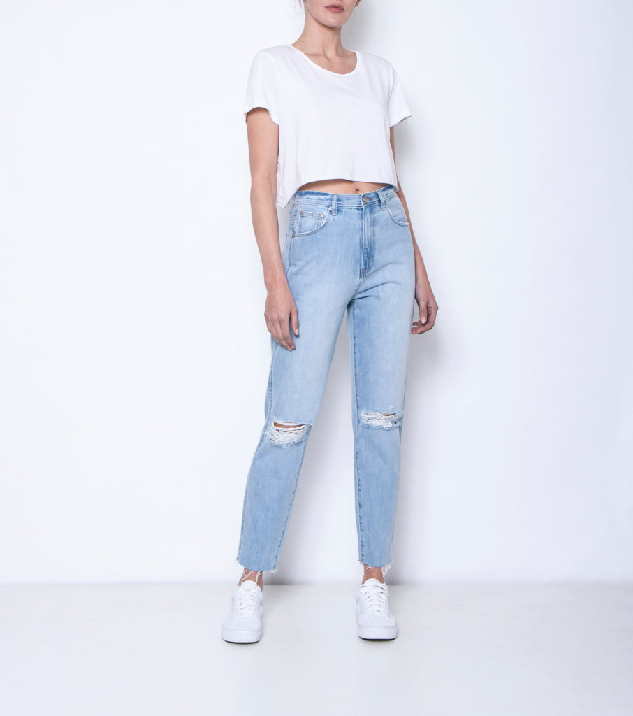 Meet My Mum Jean - Blue Club Trash - Ziggy Denim straight leg mum jean boyfriend jean with rips in the knees and rip in the bum with raw hem edge high waisted ziggy denim