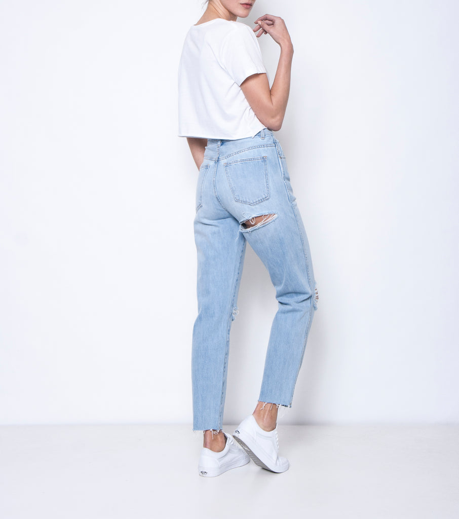 Meet My Mum Jean - Blue Club Trash - Ziggy Denim straight leg mum jean boyfriend jean with rips in the knees and rip in the bum with raw hem edge high waisted ziggy denim