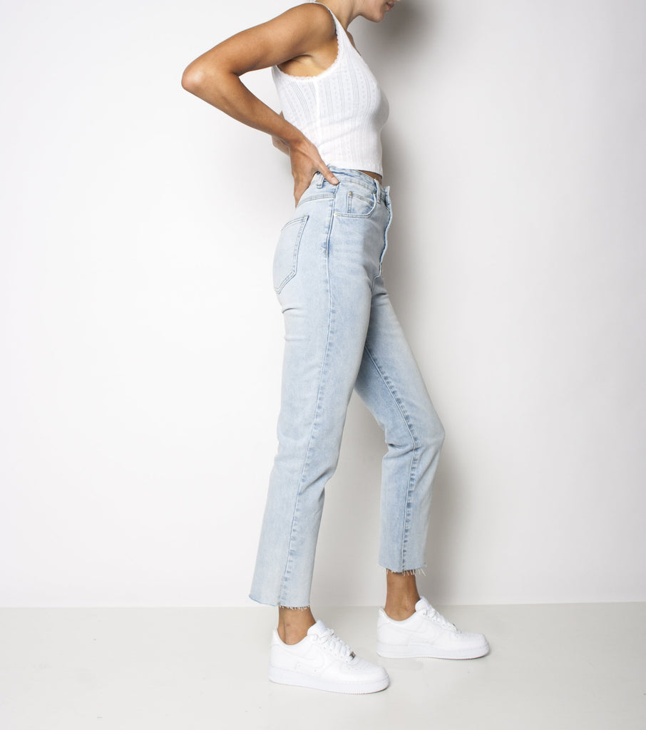 Hi Mum Kick Jean Stretch - Clear Waters - Ziggy Denim light denim straight leg jean with raw hem ziggy denim
